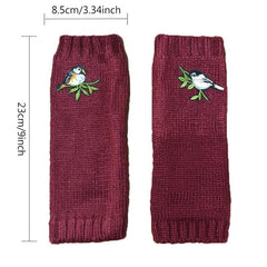Bird Embroidered Knitted Gloves Long Warm Fingerless Gloves