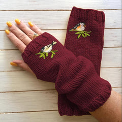 Bird Embroidered Knitted Gloves Long Warm Fingerless Gloves