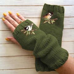 Bird Embroidered Knitted Gloves Long Warm Fingerless Gloves