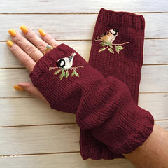 Bird Embroidered Knitted Gloves Long Warm Fingerless Gloves