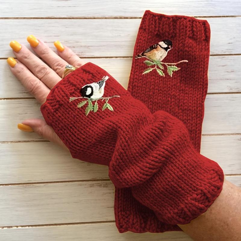 Bird Embroidered Knitted Gloves Long Warm Fingerless Gloves