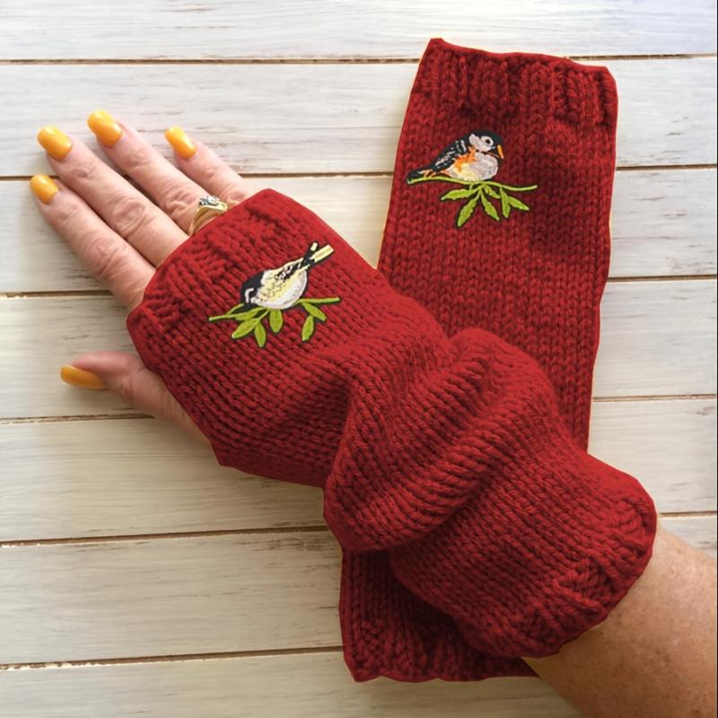 Bird Embroidered Knitted Gloves Long Warm Fingerless Gloves