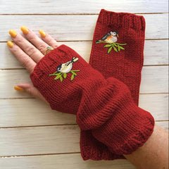Bird Embroidered Knitted Gloves Long Warm Fingerless Gloves