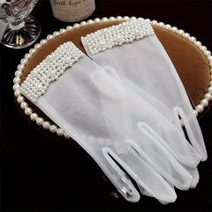 Faux Pearl Decor Gloves Short Wedding Bridal Gloves