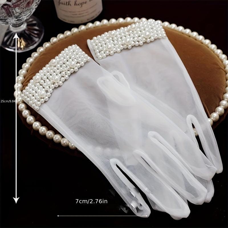 Faux Pearl Decor Gloves Short Wedding Bridal Gloves