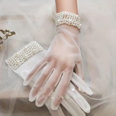 Faux Pearl Decor Gloves Short Wedding Bridal Gloves