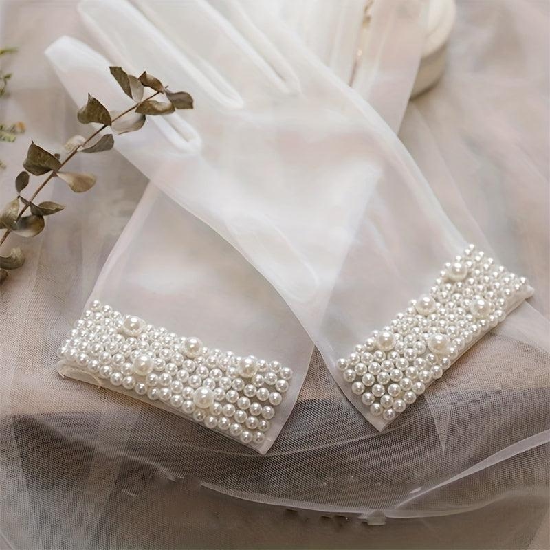 Faux Pearl Decor Gloves Short Wedding Bridal Gloves