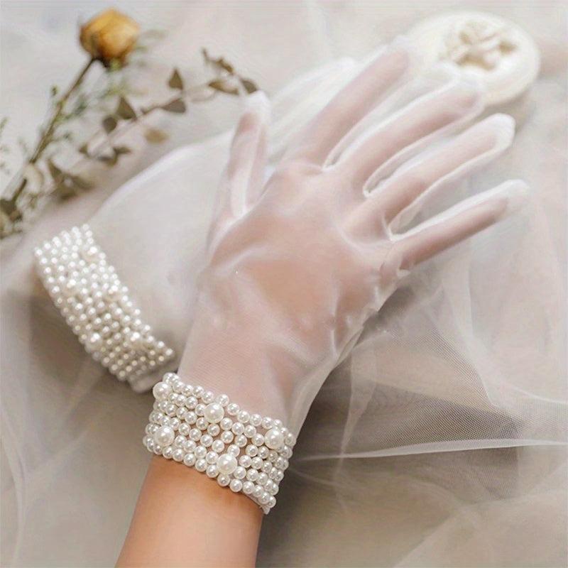 Faux Pearl Decor Gloves Short Wedding Bridal Gloves