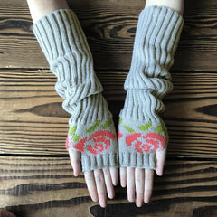 Knitted Flower Arm Warmers Thumb Hole Gloves