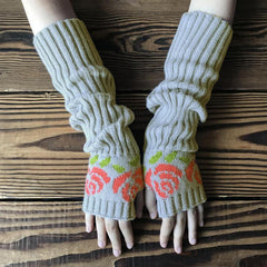 Knitted Flower Arm Warmers Thumb Hole Gloves