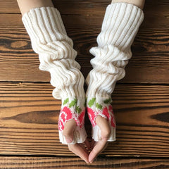 Knitted Flower Arm Warmers Thumb Hole Gloves