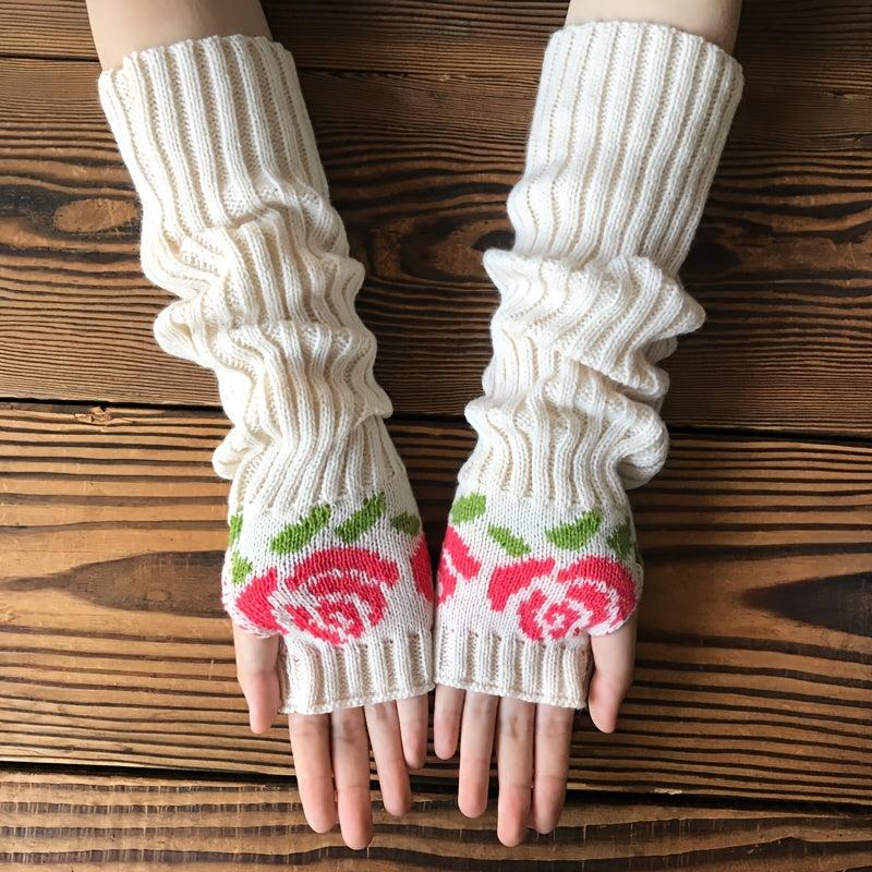 Knitted Flower Arm Warmers Thumb Hole Gloves
