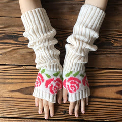 Knitted Flower Arm Warmers Thumb Hole Gloves