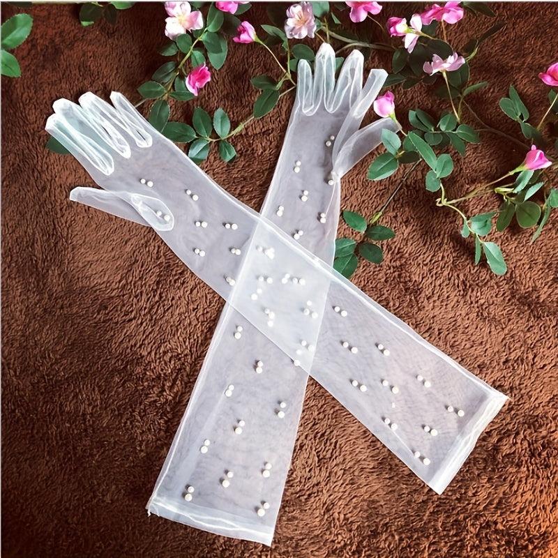 Faux Pearl Decor Long Gloves for Women Wedding Bridal Dress