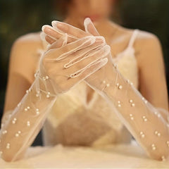 Faux Pearl Decor Long Gloves for Women Wedding Bridal Dress