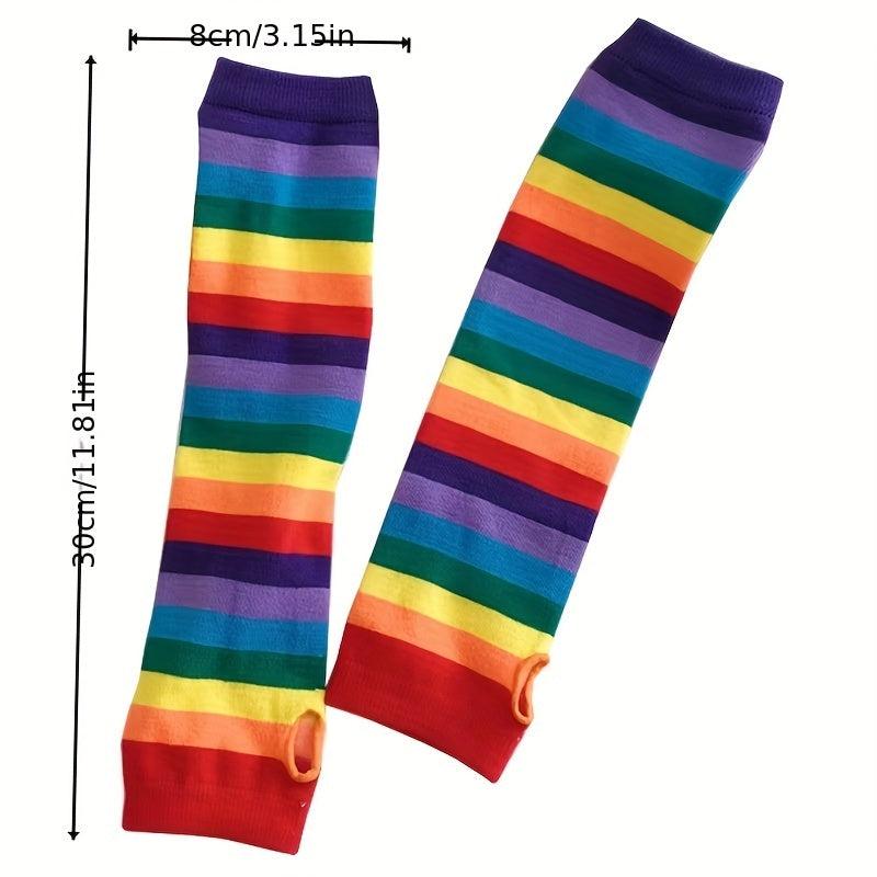 Rainbow Striped Knitted Gloves Elastic Fingerless Long Gloves For Women