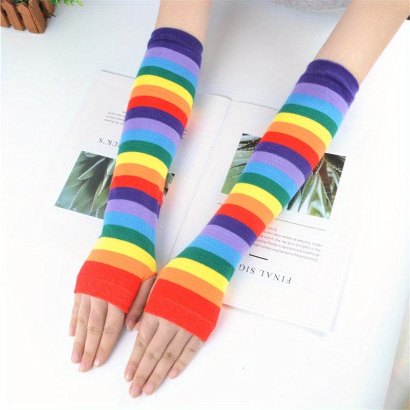 Rainbow Striped Knitted Gloves Elastic Fingerless Long Gloves For Women
