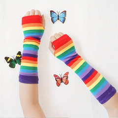 Rainbow Striped Knitted Gloves Elastic Fingerless Long Gloves For Women
