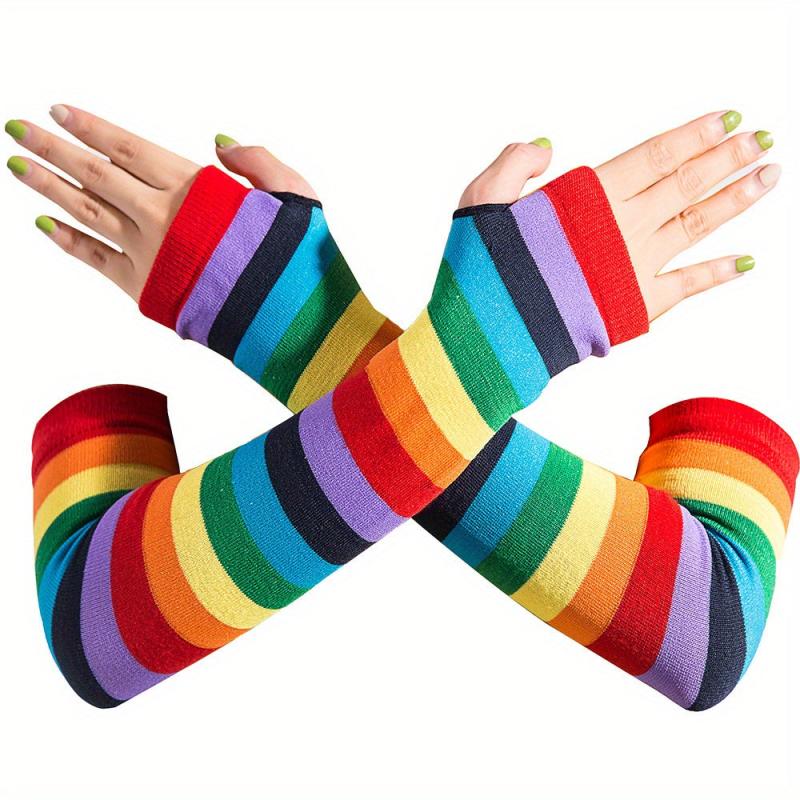 Rainbow Striped Knitted Gloves Elastic Fingerless Long Gloves For Women