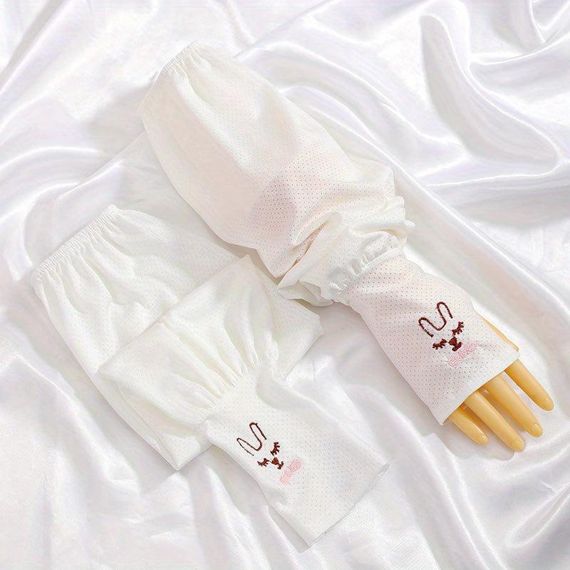 Rabbit Embroidery Long Gloves UV Protection Sleeves for Women