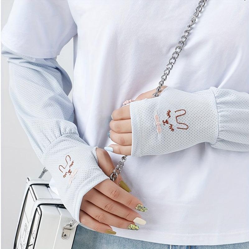 Rabbit Embroidery Long Gloves UV Protection Sleeves for Women