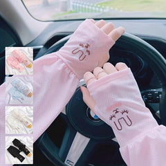 Rabbit Embroidery Long Gloves UV Protection Sleeves for Women