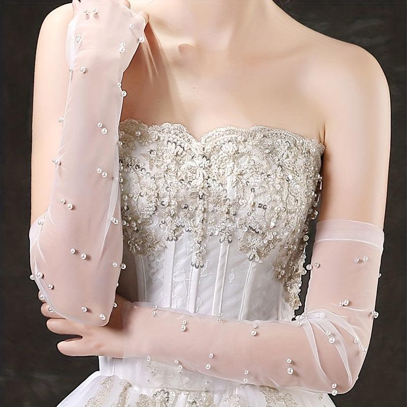 Mesh Long Gloves Faux Pearl Bridal Wedding Dress Gloves