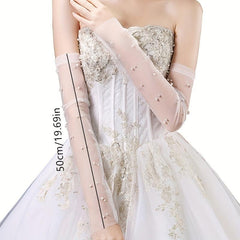 Mesh Long Gloves Faux Pearl Bridal Wedding Dress Gloves