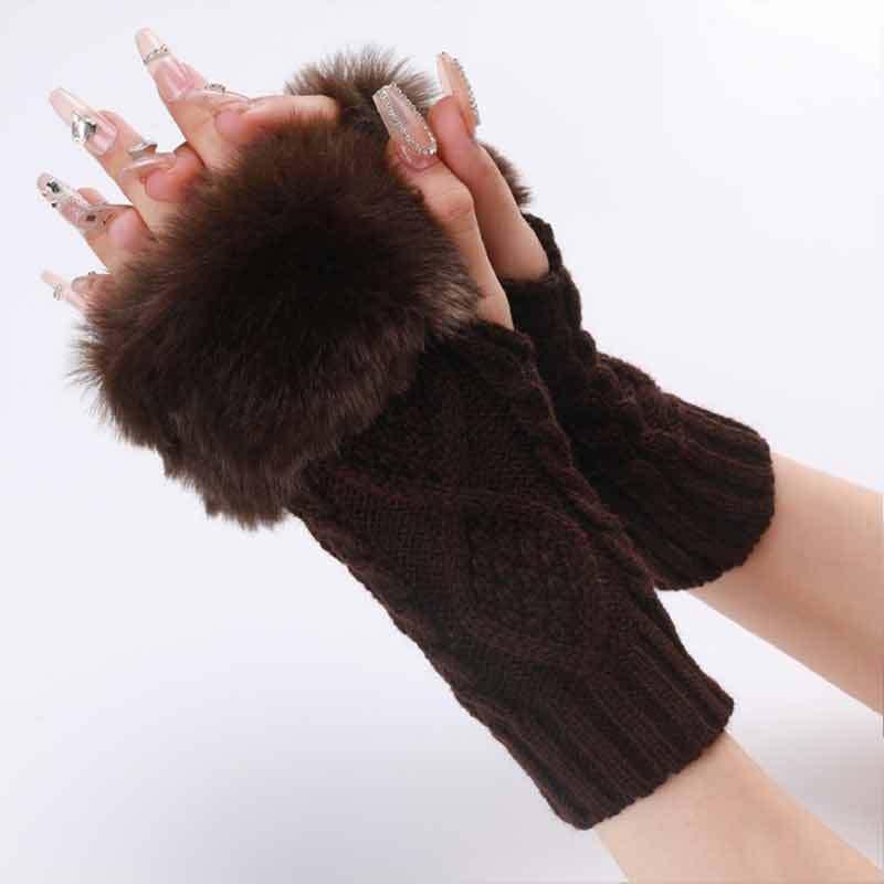 Women's Plush Fingerless Gloves Ribbing Knit Crochet Autumn Winter Warm