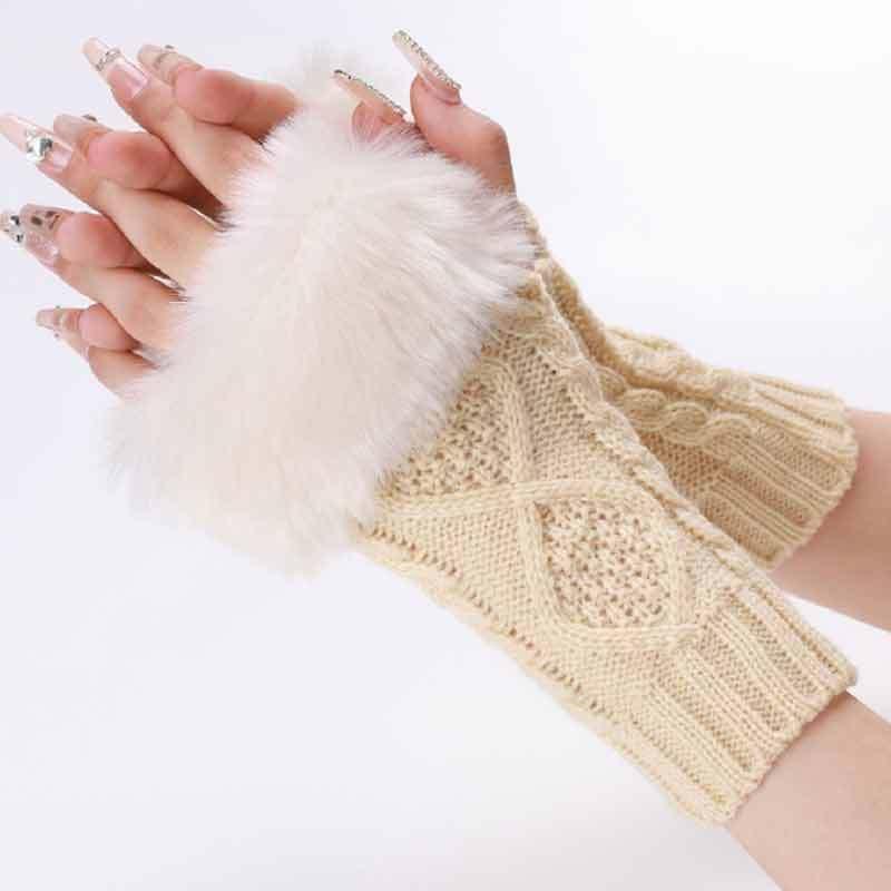Women's Plush Fingerless Gloves Ribbing Knit Crochet Autumn Winter Warm