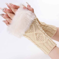 Women's Plush Fingerless Gloves Ribbing Knit Crochet Autumn Winter Warm