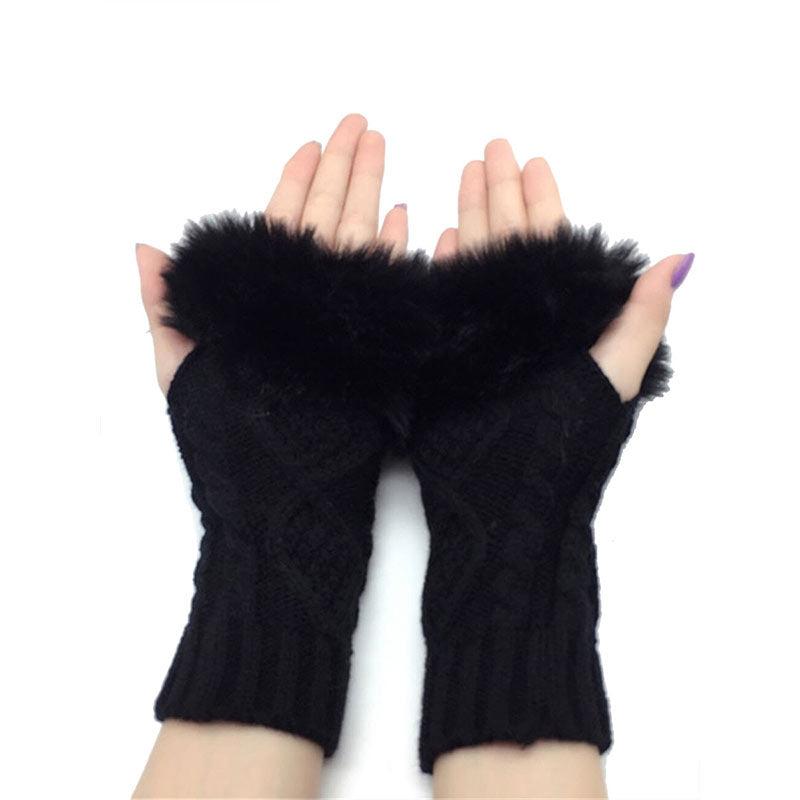 Women's Plush Fingerless Gloves Ribbing Knit Crochet Autumn Winter Warm