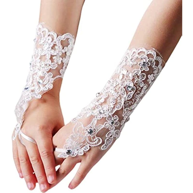 Flower Lace Fingerless Gloves Rhinestone Bridal Wedding Dress Accessories