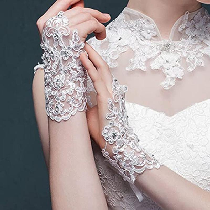 Flower Lace Fingerless Gloves Rhinestone Bridal Wedding Dress Accessories