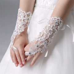 Flower Lace Fingerless Gloves Rhinestone Bridal Wedding Dress Accessories