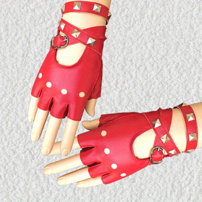 PU Leather Gloves Boho Half Finger Gloves Punk Rivets Belt Gloves