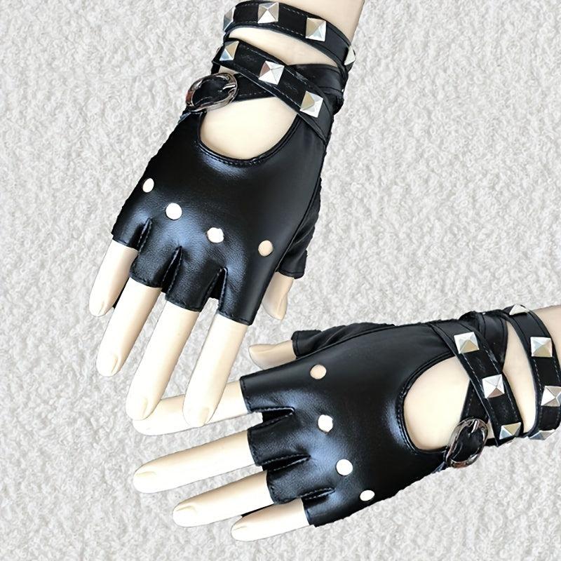 PU Leather Gloves Boho Half Finger Gloves Punk Rivets Belt Gloves