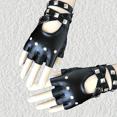 PU Leather Gloves Boho Half Finger Gloves Punk Rivets Belt Gloves