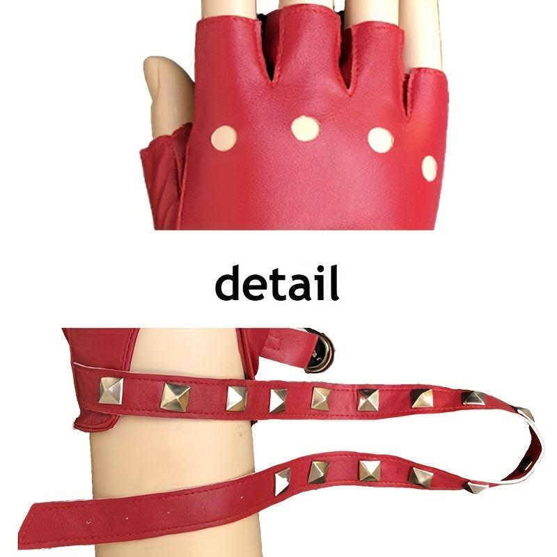 PU Leather Gloves Boho Half Finger Gloves Punk Rivets Belt Gloves