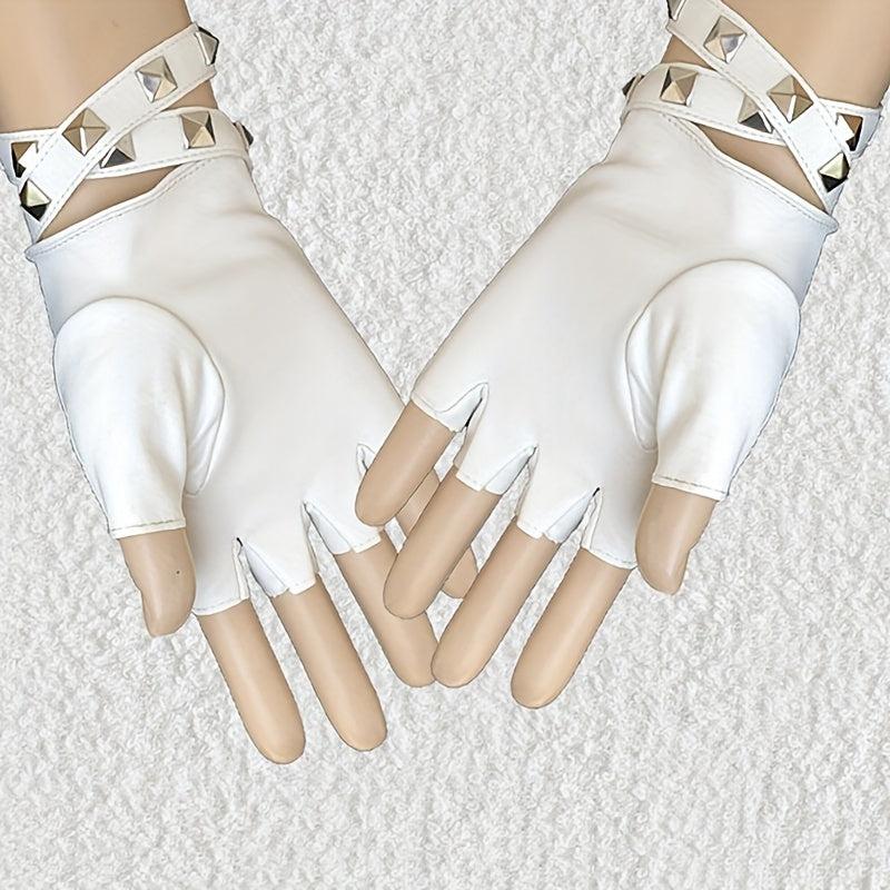 PU Leather Gloves Boho Half Finger Gloves Punk Rivets Belt Gloves