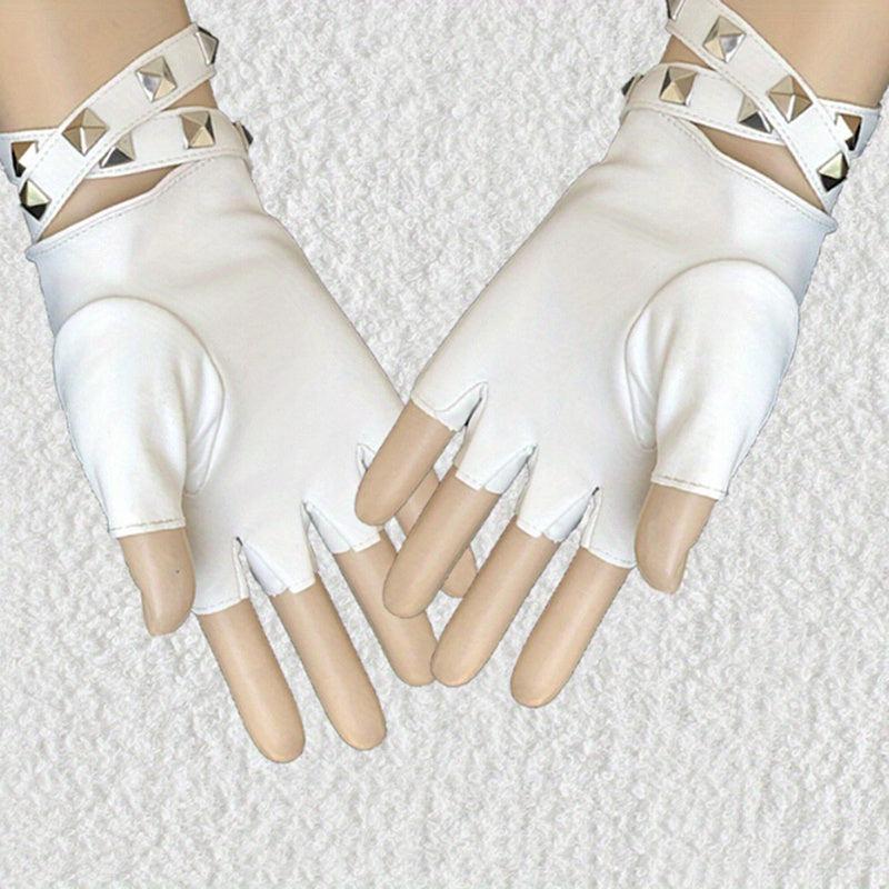 PU Leather Gloves Boho Half Finger Gloves Punk Rivets Belt Gloves