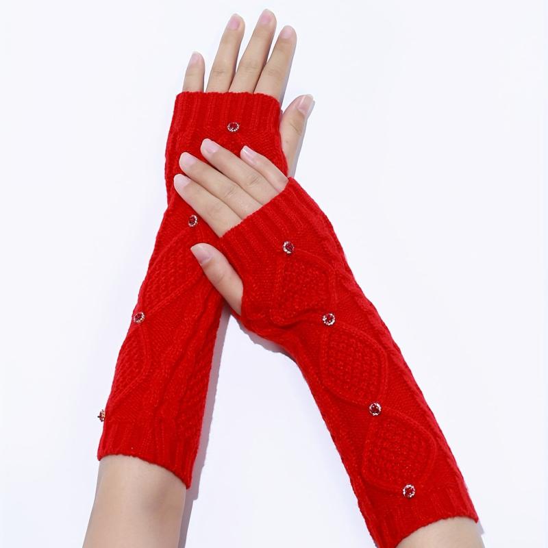 Red Rhombus Ribbed Knitted Gloves Elastic Warm Gloves Faux Pearl Decor