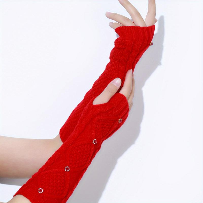 Red Rhombus Ribbed Knitted Gloves Elastic Warm Gloves Faux Pearl Decor