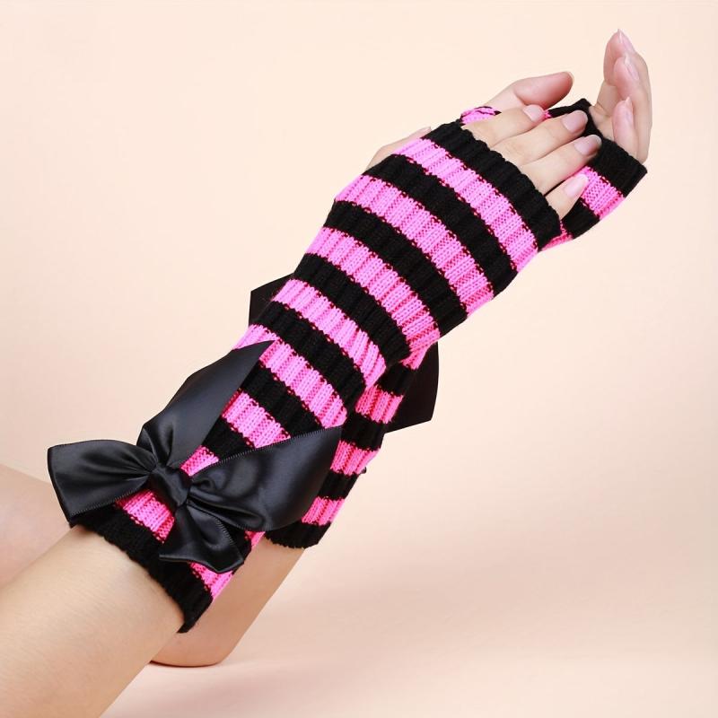 Striped Knitted Gloves Y2K Half Finger Gothic Gloves Women