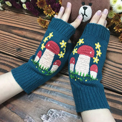 Mushroom Crocheted Fingerless Gloves Vintage Embroidery Gloves