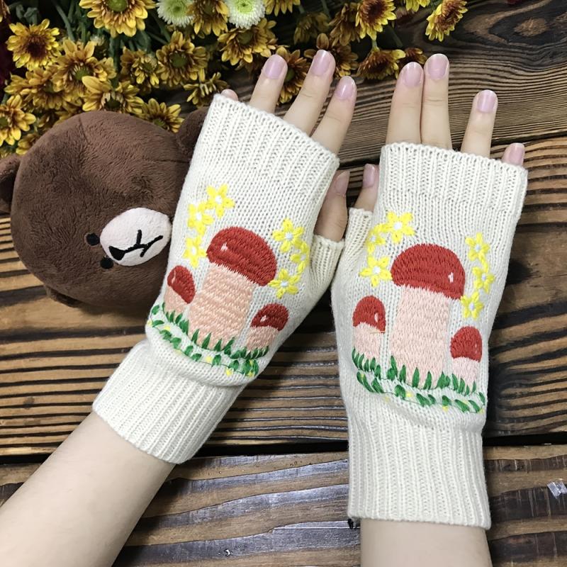 Mushroom Crocheted Fingerless Gloves Vintage Embroidery Gloves
