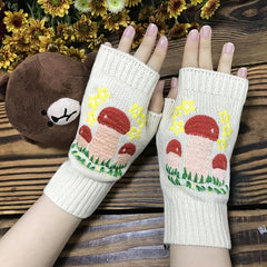 Mushroom Crocheted Fingerless Gloves Vintage Embroidery Gloves