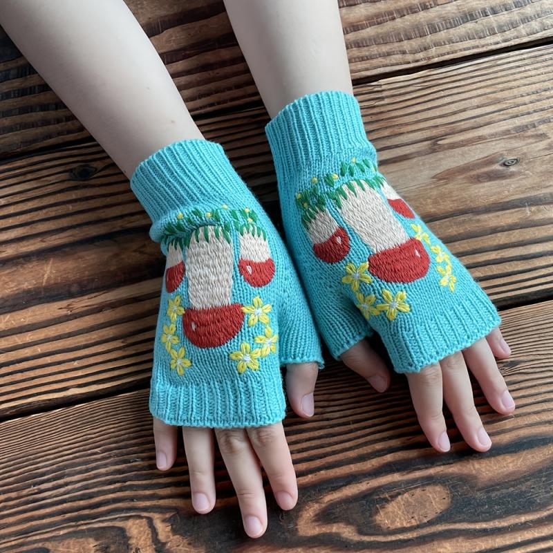 Mushroom Crocheted Fingerless Gloves Vintage Embroidery Gloves