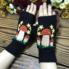 Mushroom Crocheted Fingerless Gloves Vintage Embroidery Gloves