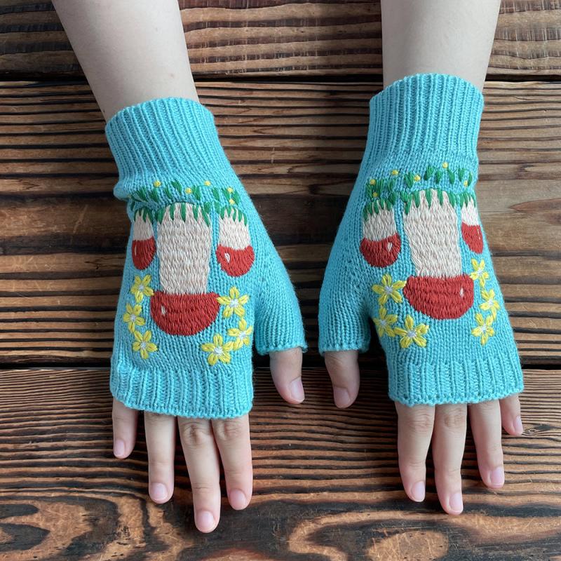 Mushroom Crocheted Fingerless Gloves Vintage Embroidery Gloves
